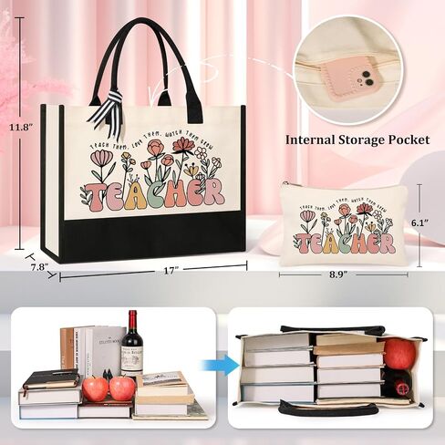 Tecanne Teacher Appreciation Gifts, Canvas Tote Bag and Makeup Bag Set for Women in Saudi Arabia