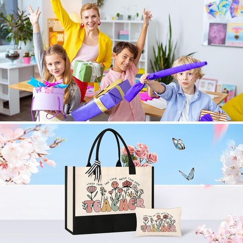 Tecanne Teacher Appreciation Gifts, Canvas Tote Bag and Makeup Bag Set for Women in Saudi Arabia
