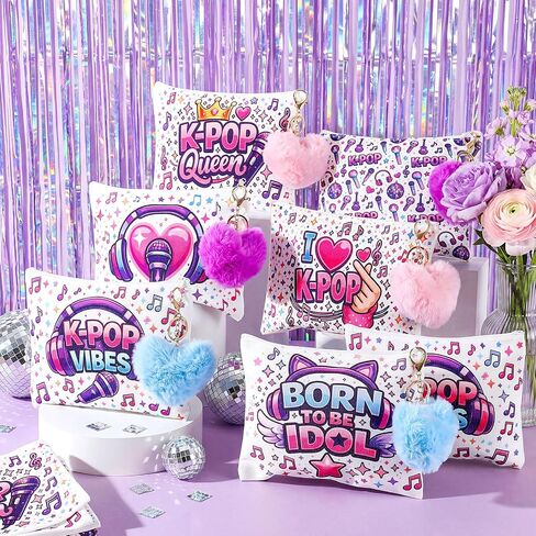 Meanplan 24 قطعة من هدايا حفلات Kpop Merch - حقائب مكياج من القماش مع سلاسل مفاتيح على شكل قلب، حقيبة مستحضرات تجميل جمالية أرجوانية Y2K لديكورات عيد ميلاد Kpop، هدايا لمحبي اجتماعات الموسيقى، حشوات حقيبة جودي كبيرة in Kuwait