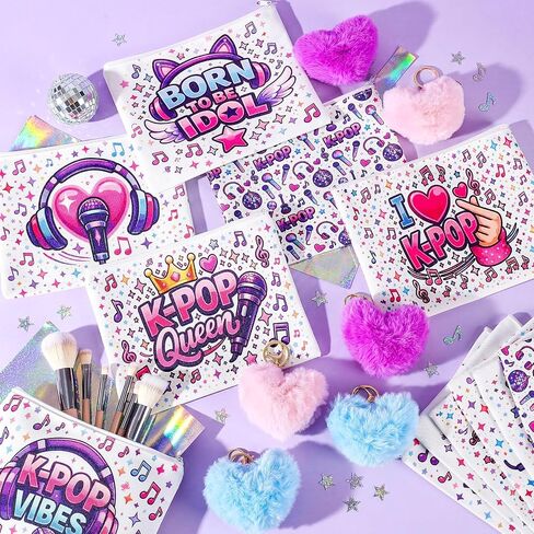 Meanplan 24 قطعة من هدايا حفلات Kpop Merch - حقائب مكياج من القماش مع سلاسل مفاتيح على شكل قلب، حقيبة مستحضرات تجميل جمالية أرجوانية Y2K لديكورات عيد ميلاد Kpop، هدايا لمحبي اجتماعات الموسيقى، حشوات حقيبة جودي كبيرة in Kuwait