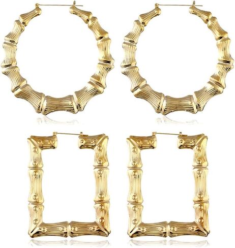 2 Pairs Large Bamboo Hoop Earrings Set Gold Plated Exaggerated Big Statement Hip-Hop Geometric Earrings for Women-gold in Saudi Arabia