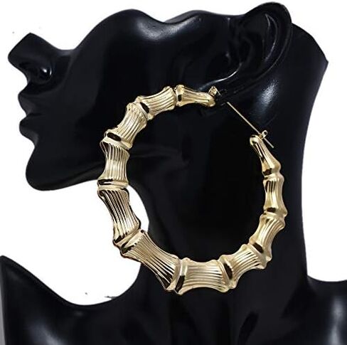2 Pairs Large Bamboo Hoop Earrings Set Gold Plated Exaggerated Big Statement Hip-Hop Geometric Earrings for Women-gold in Saudi Arabia