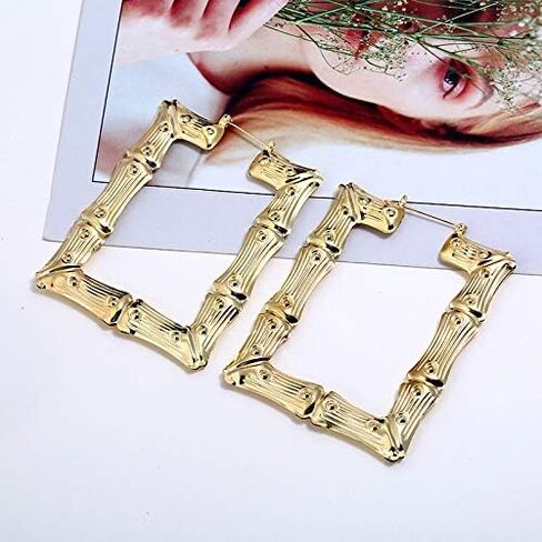 2 Pairs Large Bamboo Hoop Earrings Set Gold Plated Exaggerated Big Statement Hip-Hop Geometric Earrings for Women-gold in Saudi Arabia