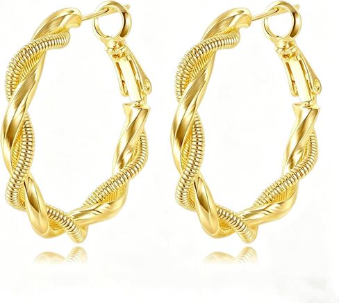 14K Gold Braided Texture Hoop Earring, 32/40mm Twist Rope Design Round Hoop Earrings for Women Gold Jewelry Gifts for women in Saudi Arabia