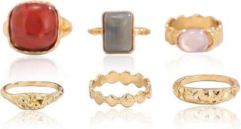 6Pcs Gold Plated Rings Set for Women Chunky Acrylic Statement Lava Stack Irregular Rings Pack Fashion Party Band Punk Jewelry Gifts in Kuwait