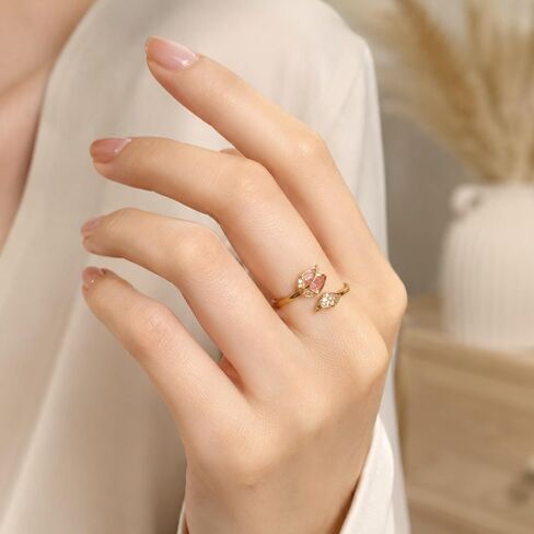 Pink Tulip Ring Gold Tone Open Flower Ring Crystal Leaf Adjustable Floral Ring Dainty Spring Statement Accessories for Women in Kuwait