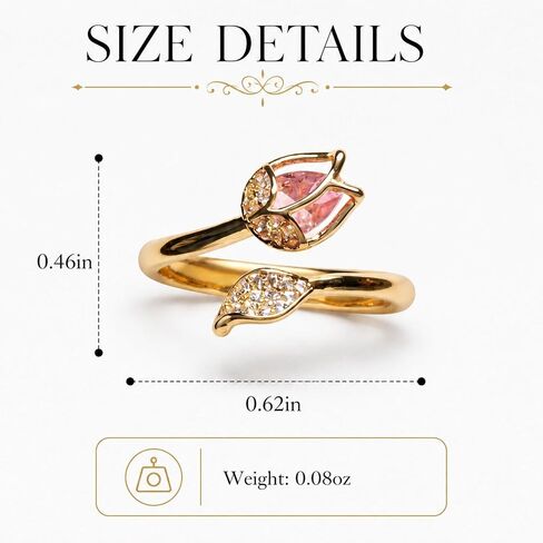 Pink Tulip Ring Gold Tone Open Flower Ring Crystal Leaf Adjustable Floral Ring Dainty Spring Statement Accessories for Women in Kuwait