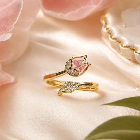 Pink Tulip Ring Gold Tone Open Flower Ring Crystal Leaf Adjustable Floral Ring Dainty Spring Statement Accessories for Women in Kuwait