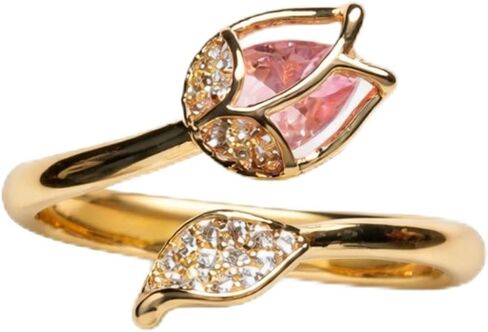 Pink Tulip Ring Gold Tone Open Flower Ring Crystal Leaf Adjustable Floral Ring Dainty Spring Statement Accessories for Women in Saudi Arabia