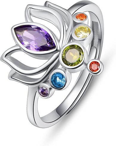 TANGPOET Chakra Rings for Women Lotus Flower Adjustable Rings S925 Sterling Silver Healing Jewelry Reiki Meditation Gifts for Her Yoga Lovers in Kuwait