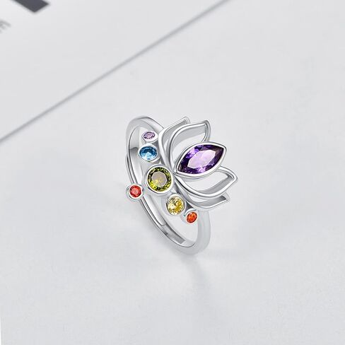 TANGPOET Chakra Rings for Women Lotus Flower Adjustable Rings S925 Sterling Silver Healing Jewelry Reiki Meditation Gifts for Her Yoga Lovers in Kuwait
