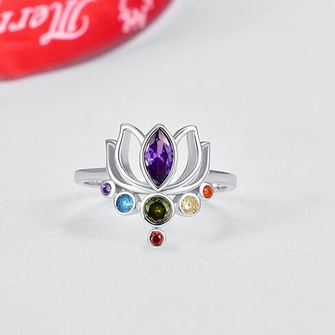 TANGPOET Chakra Rings for Women Lotus Flower Adjustable Rings S925 Sterling Silver Healing Jewelry Reiki Meditation Gifts for Her Yoga Lovers in Kuwait