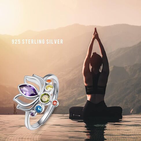 TANGPOET Chakra Rings for Women Lotus Flower Adjustable Rings S925 Sterling Silver Healing Jewelry Reiki Meditation Gifts for Her Yoga Lovers in Kuwait