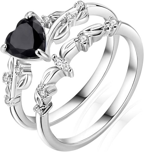 Natural Moonstone/Black agate Heart Crystal Ring Set,Crystal Birthday Promise Jewelry Gift for Women in Kuwait