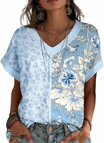 Women's Patchwork T-Shirt Paisley & Leopard Print V-Neck Short Sleeve Ribbed Knit Casual Top in Saudi Arabia