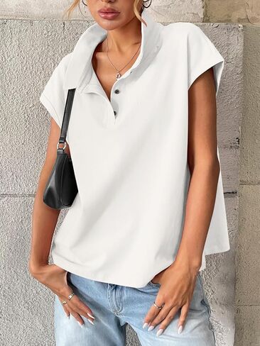 EasyGala Womens Cotton Cap Sleeve Polo Shirts Oversized Short Sleeve Henley Neck Tops Summer Loose Fit Boxy Tees in Saudi Arabia