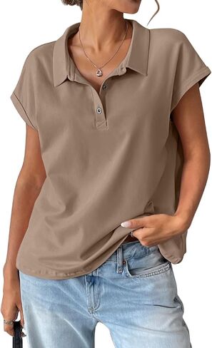 EasyGala Womens Cotton Cap Sleeve Polo Shirts Oversized Short Sleeve Henley Neck Tops Summer Loose Fit Boxy Tees in Saudi Arabia