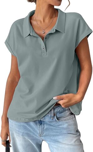 EasyGala Womens Cotton Cap Sleeve Polo Shirts Oversized Short Sleeve Henley Neck Tops Summer Loose Fit Boxy Tees in Saudi Arabia
