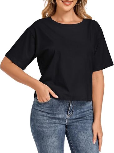 Crop Tops for Women Oversized Tshirts Short Sleeve Crew Neck Casual Loose Summer Cropped T Shirts for Women in Saudi Arabia