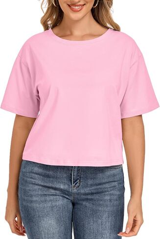 Crop Tops for Women Oversized Tshirts Short Sleeve Crew Neck Casual Loose Summer Cropped T Shirts for Women in Saudi Arabia