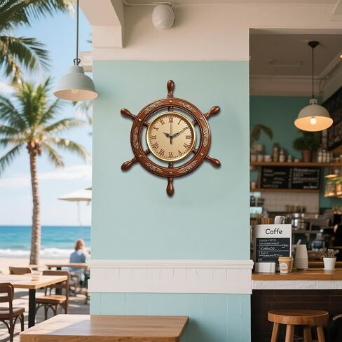 Navigation Wall Clock Ship's Wheel Battery Operated Irregular Shape Clocks Flat Printing Non Ticking Clock Decorative for Home Living Room Bedroom Office Decoration, 12.99x15.07 inch in Saudi Arabia