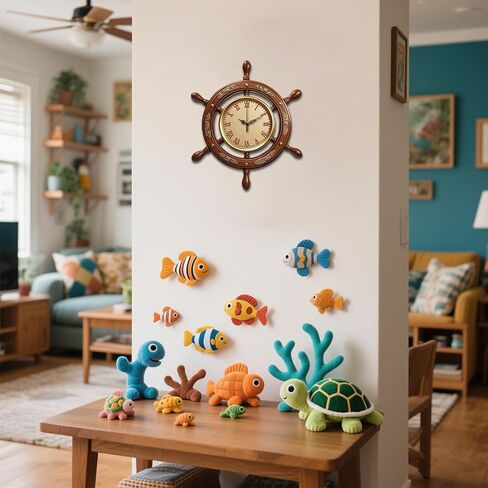 Navigation Wall Clock Ship's Wheel Battery Operated Irregular Shape Clocks Flat Printing Non Ticking Clock Decorative for Home Living Room Bedroom Office Decoration, 12.99x15.07 inch in Saudi Arabia
