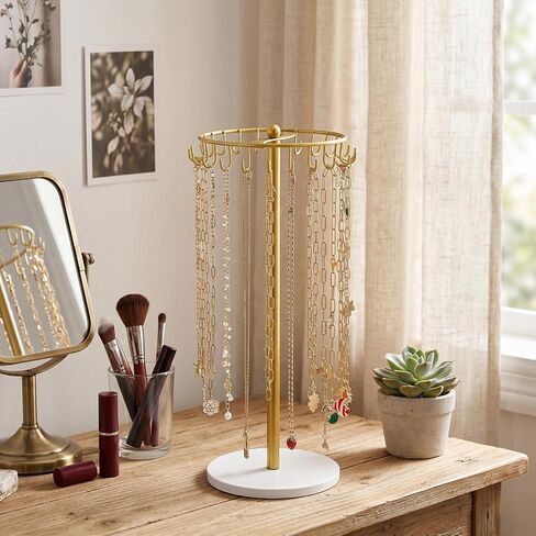 2 Pcs Necklace Holder Jewelry Organizer With 22 Hooks Gold Metal And Wooden Base Stand For Hanging Bracelet Keychain Storage Home Bedroom Dressing Table Decor For Women in Saudi Arabia