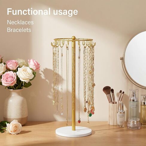 2 Pcs Necklace Holder Jewelry Organizer With 22 Hooks Gold Metal And Wooden Base Stand For Hanging Bracelet Keychain Storage Home Bedroom Dressing Table Decor For Women in Saudi Arabia