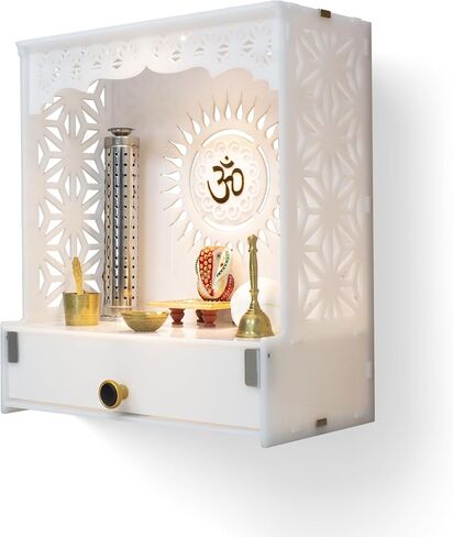 Heartily® Acrylic Shree Beautiful Pooja Stand for Home Mandir for Home Temple for Home and Office Puja Mandir for Home and Office Wall with LED Spot Light Product (H- 18, L- 16, W-8.75 Inch) in Saudi Arabia