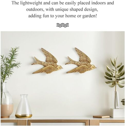 Yardwe 2 Pcs Resin Swallows Wall Decor 3d Bird Wall Sculptures Gold Finish for Living Room Bedroom Garden Hanging Decoration, 4.3x3.5x0.6 Inch in Kuwait