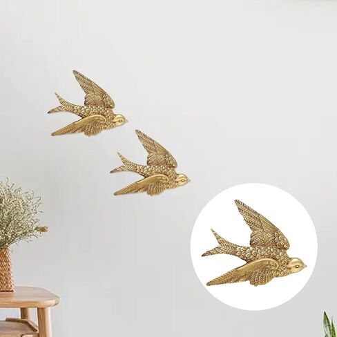 Yardwe 2 Pcs Resin Swallows Wall Decor 3d Bird Wall Sculptures Gold Finish for Living Room Bedroom Garden Hanging Decoration, 4.3x3.5x0.6 Inch in Kuwait