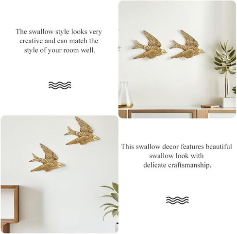 Yardwe 2 Pcs Resin Swallows Wall Decor 3d Bird Wall Sculptures Gold Finish for Living Room Bedroom Garden Hanging Decoration, 4.3x3.5x0.6 Inch in Kuwait