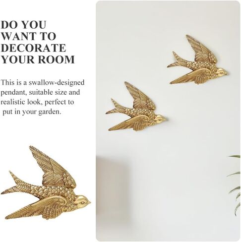 Yardwe 2 Pcs Resin Swallows Wall Decor 3d Bird Wall Sculptures Gold Finish for Living Room Bedroom Garden Hanging Decoration, 4.3x3.5x0.6 Inch in Kuwait