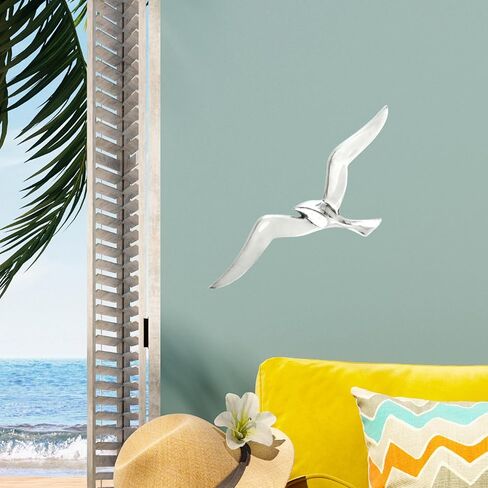 منحوتة حائط WHW Whole House Worlds Americana Flying Sea Gull، مصنوعة يدويًا، مصنوعة من الألومنيوم الفضي الناعم، 14 × 5 بوصة (36 سم × 14 سم) in Kuwait