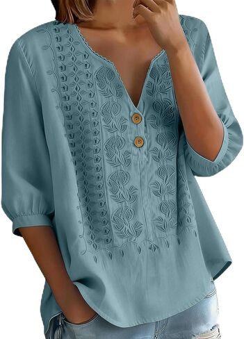 Embroidered Tops for Women - 3/4 Sleeve Cotton Linen Shirts Button Up V Neck Peasant Blouses Dressy Casual Clothes in Saudi Arabia