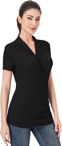AmélieBoutik Women Casual V Neck Wrap Top Ruched Short Sleeve Office Dressy Blouse Top Asymmetrical Elegant Shirts in Kuwait