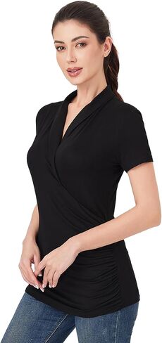 AmélieBoutik Women Casual V Neck Wrap Top Ruched Short Sleeve Office Dressy Blouse Top Asymmetrical Elegant Shirts in Kuwait