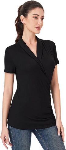 AmélieBoutik Women Casual V Neck Wrap Top Ruched Short Sleeve Office Dressy Blouse Top Asymmetrical Elegant Shirts in Kuwait