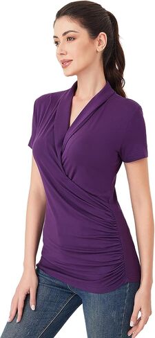 AmélieBoutik Women Casual V Neck Wrap Top Ruched Short Sleeve Office Dressy Blouse Top Asymmetrical Elegant Shirts in Kuwait