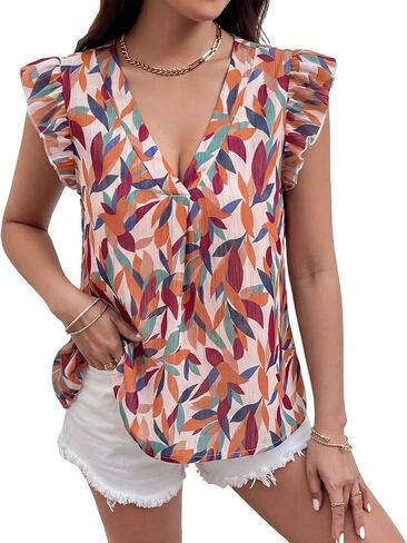Women's Leaf Print V Neck Blouse Ruffle Flutter Sleeve Relaxed Fit Flutter Sleeve Woven Top Summer Vacation in Kuwait