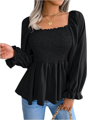 Floerns Women's Square Neck Smocked Peplum Tops Puff Long Sleeve Ruffle Dressy Casual Blouses in Kuwait