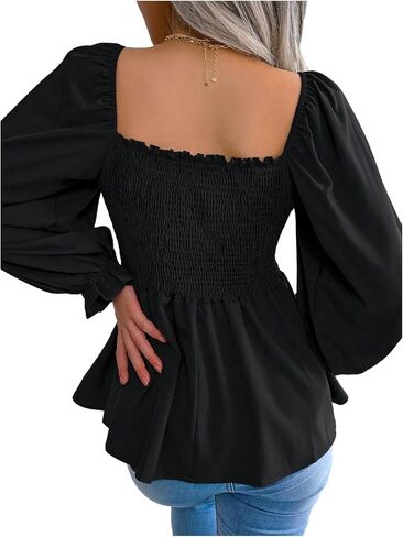 Floerns Women's Square Neck Smocked Peplum Tops Puff Long Sleeve Ruffle Dressy Casual Blouses in Kuwait