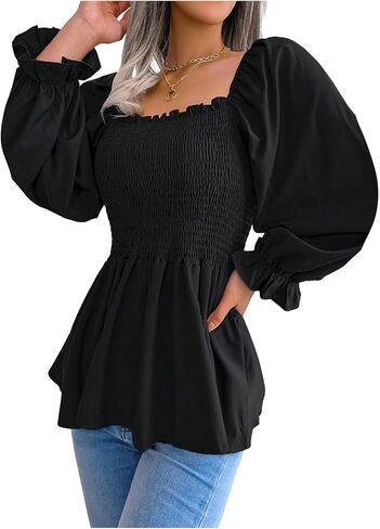 Floerns Women's Square Neck Smocked Peplum Tops Puff Long Sleeve Ruffle Dressy Casual Blouses in Kuwait