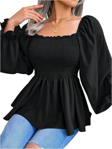 Floerns Women's Square Neck Smocked Peplum Tops Puff Long Sleeve Ruffle Dressy Casual Blouses in Kuwait