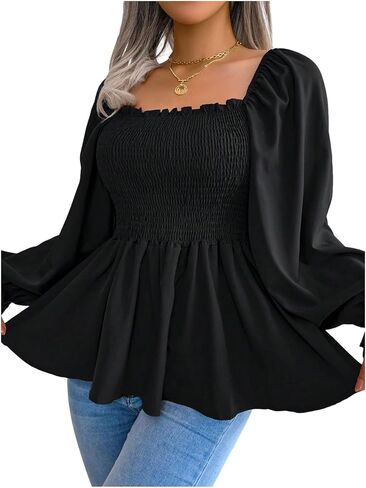 Floerns Women's Square Neck Smocked Peplum Tops Puff Long Sleeve Ruffle Dressy Casual Blouses in Kuwait