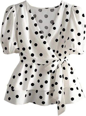 SHENHE Women's Puff Short Sleeve Wrap V Neck Blouse Polka Dots Peplum Ruffle Hem Dressy Top in Saudi Arabia