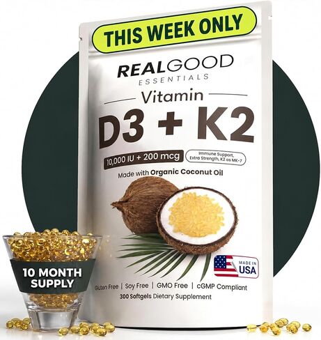 RealGood Essentials Vitamin D3 K2، D3 K2 مكمل فيتامين 10000 وحدة دولية، K2 MK7 200 ميكروجرام، كبسولات زيت جوز الهند الطرية، تركيبة صحية للعظام والقلب، سهلة البلع، ملصق نظيف، صنع في الولايات المتحدة الأمريكية، 300 عدد in Kuwait