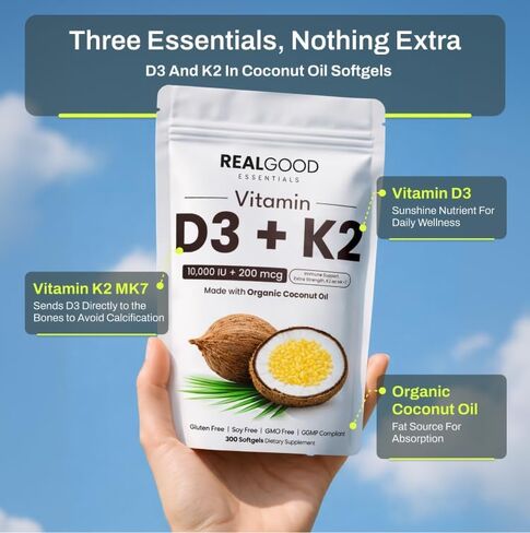 RealGood Essentials Vitamin D3 K2، D3 K2 مكمل فيتامين 10000 وحدة دولية، K2 MK7 200 ميكروجرام، كبسولات زيت جوز الهند الطرية، تركيبة صحية للعظام والقلب، سهلة البلع، ملصق نظيف، صنع في الولايات المتحدة الأمريكية، 300 عدد in Kuwait