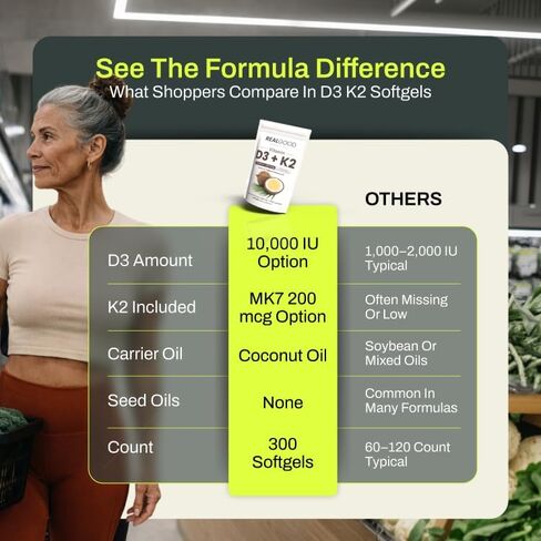 RealGood Essentials Vitamin D3 K2، D3 K2 مكمل فيتامين 10000 وحدة دولية، K2 MK7 200 ميكروجرام، كبسولات زيت جوز الهند الطرية، تركيبة صحية للعظام والقلب، سهلة البلع، ملصق نظيف، صنع في الولايات المتحدة الأمريكية، 300 عدد in Kuwait