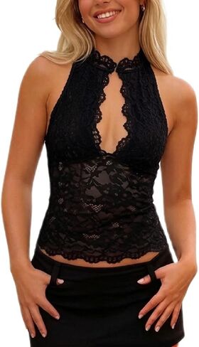 Women Lace Tank Tops Y2K Halter Neck Keyhole Top Sheer Mesh Cutout Crop Camisole Floral Lace Summer Going Out in Saudi Arabia